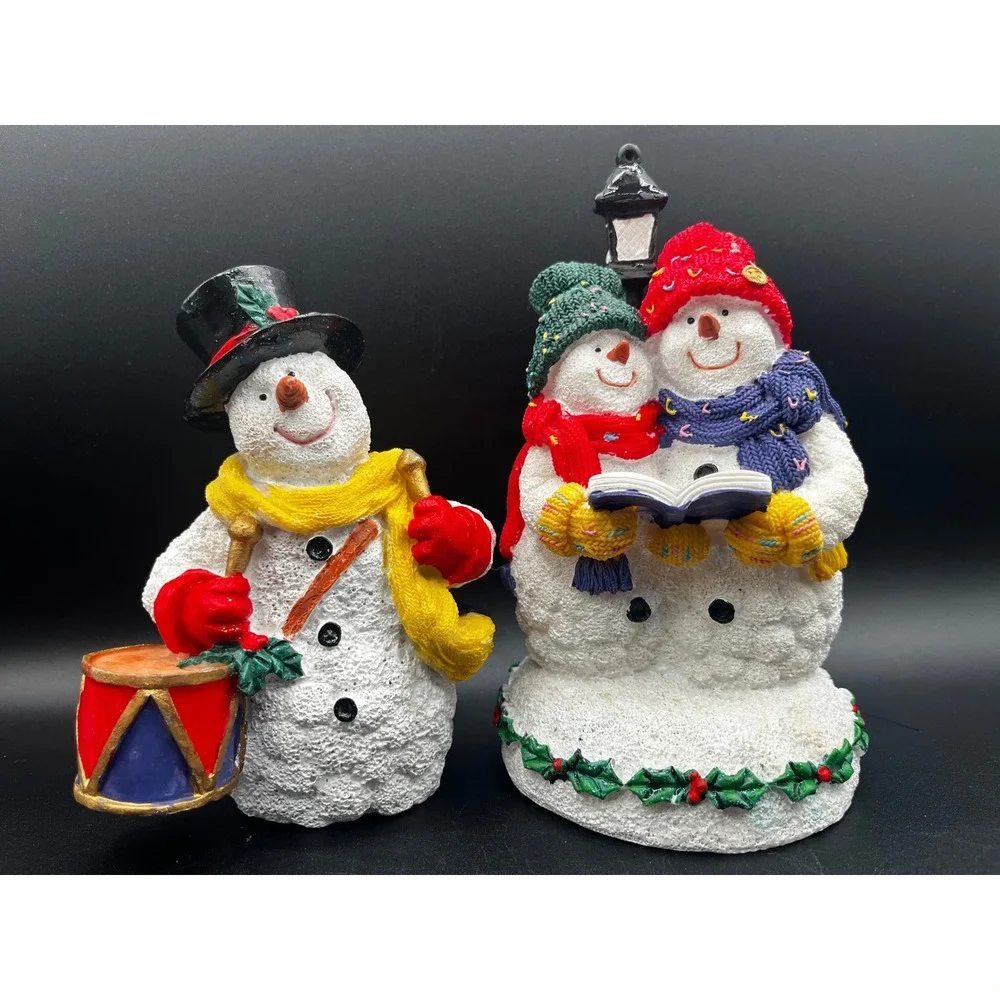 Pair of Christmas Snowman Figurine Set Carolers Drummer Resin Holiday Decorative